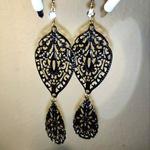 NEW Black Lace Metal Crystal Stud Rhinestone Dangle Drop Long Geometric
